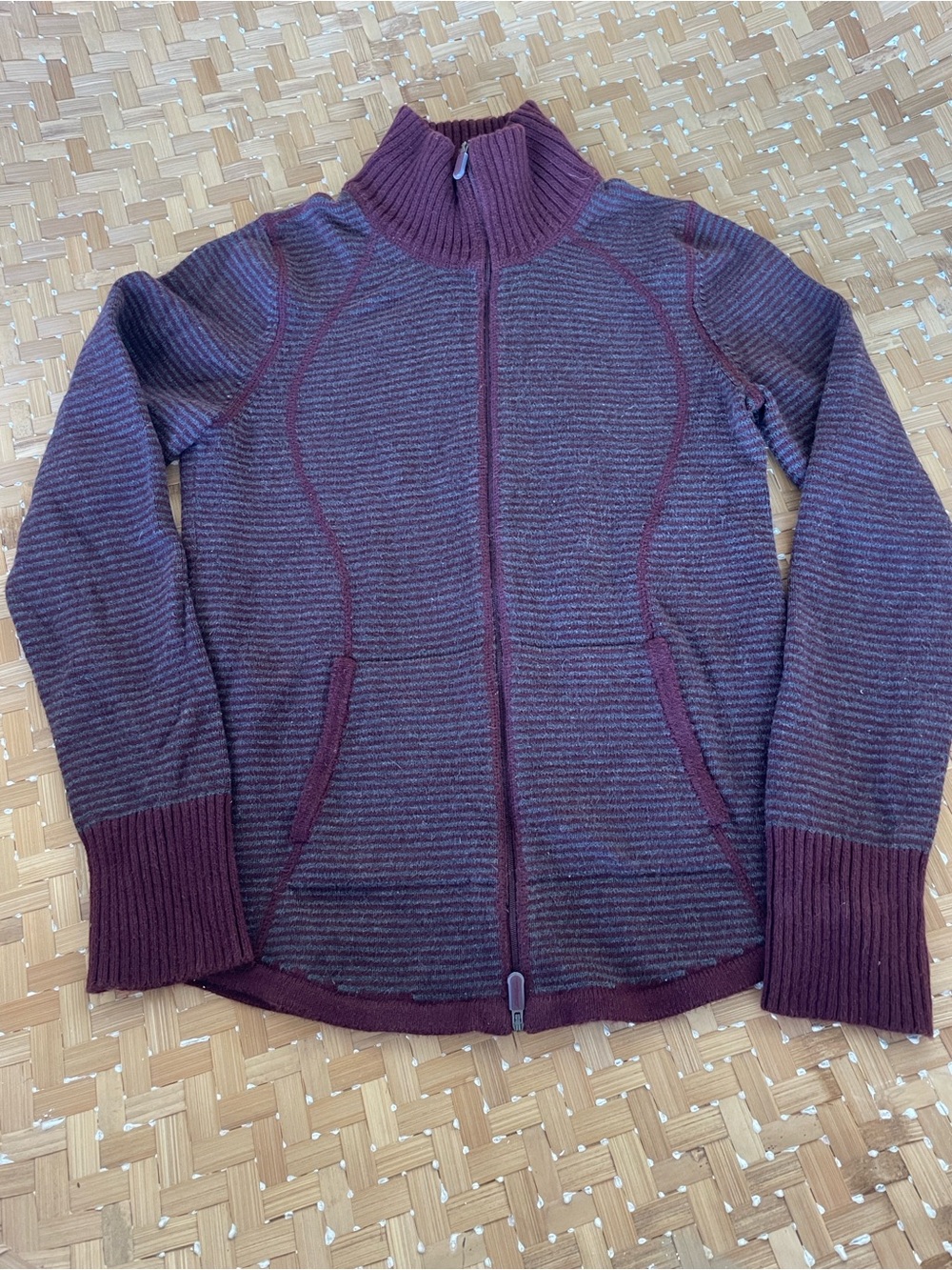 Eddie Bauer Striped Zip-Up Knit Sweater in Plum Small